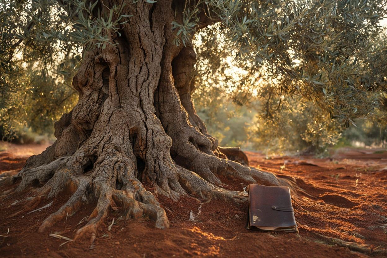 Ancient olive tree with deep roots and a traveler's notebook at its base, golden Mediterranean light