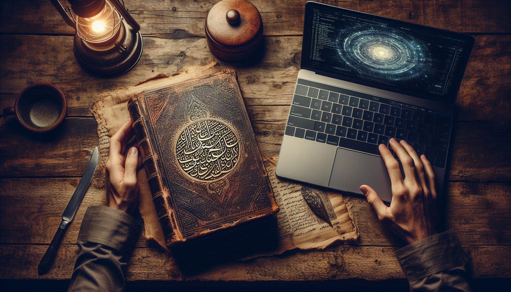 Aged handwritten recipe book beside laptop showing AI interface, symbolizing heritage preservation through technology