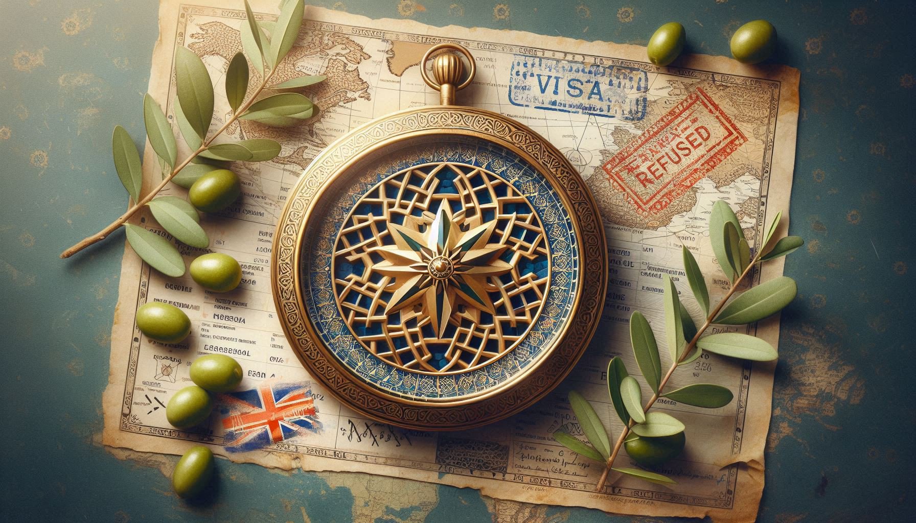 Ancient Moroccan compass with UK approved and France refused visa stamps in zellige mosaic surrounded by olive branches