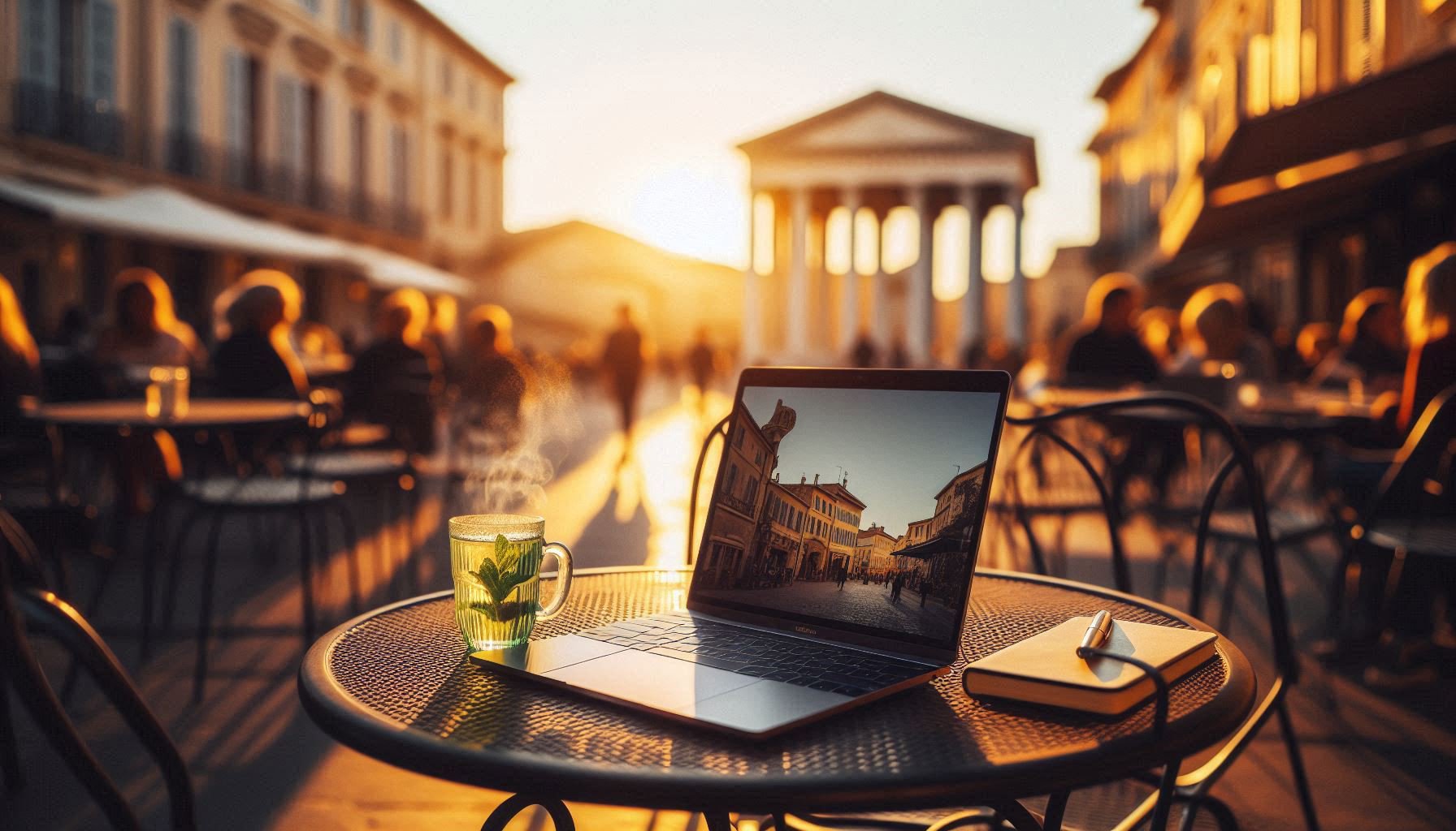 Closed MacBook on café table at Place du Forum in Arles with mint tea and handwritten notes in golden hour light