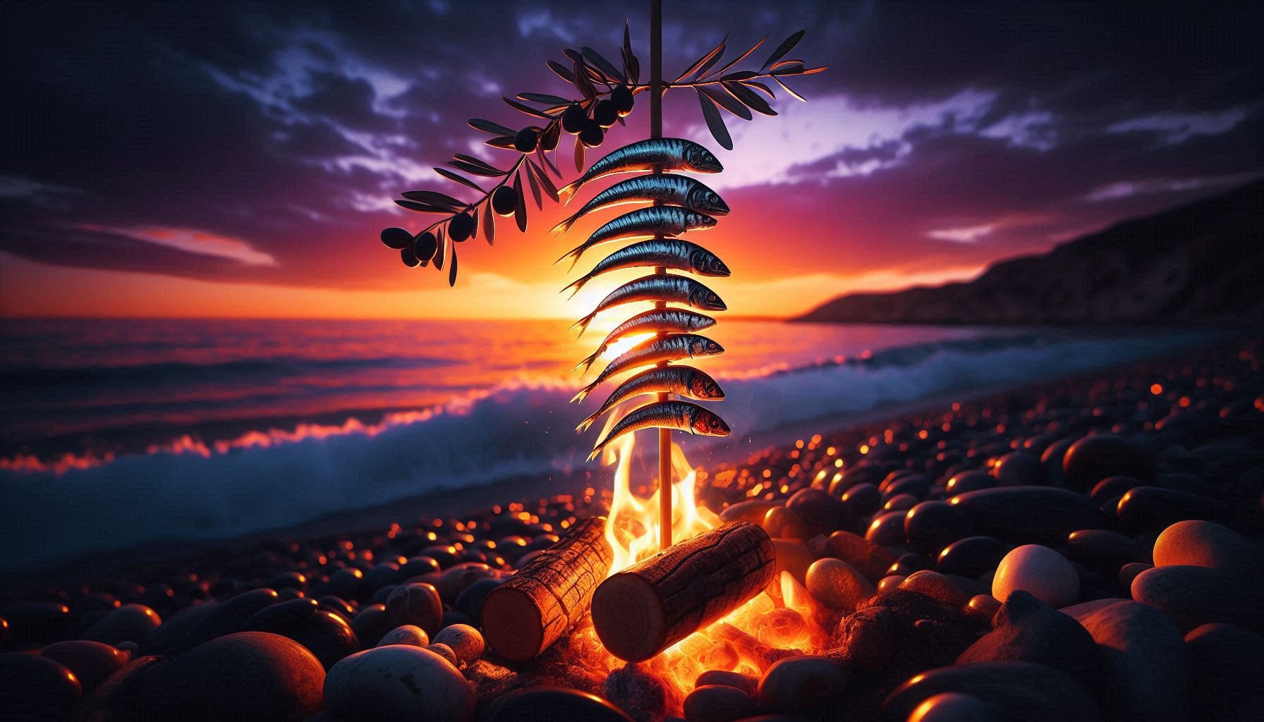 Freshly grilled sardines on bamboo skewers against vibrant Málaga sunset, symbolizing slow work and mindful rituals.